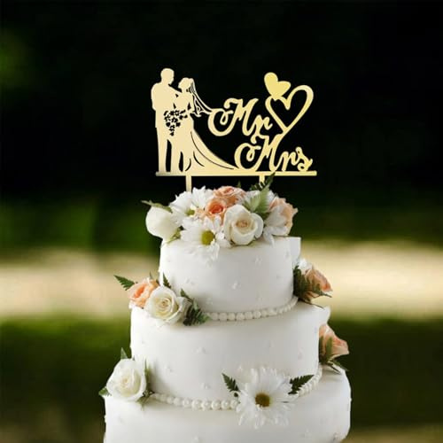 Cake Topper Hochzeit Holz personalisiert – Mr & Mrs Figuren für Torte, Kuchendekoration, Feiern und Partys (Holzfarbe)