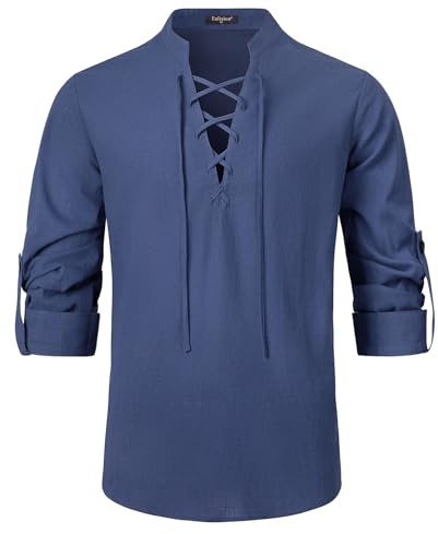 Enlision Linneskjorta herr långärmad fritidsskjorta medeltida skjorta herr ghillie kilt skjorta cosplay kostym, B-navy-02, M