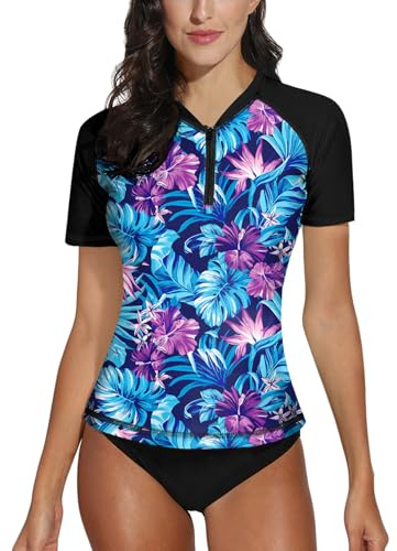 BesserBay Maglia da surf da donna con scollo a V, manica corta, 1/4 zip, protezione UV Rash Guard S-XXL