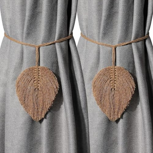 2 Stück Raffhalter Boho Vorhanghalter, Blätter Baumwolle Makramee Gardinenhalter, Gardinenhalter Vorhang Clips Feder Gardinenklammern für Vorhänge Gardinen Deko (Grau)