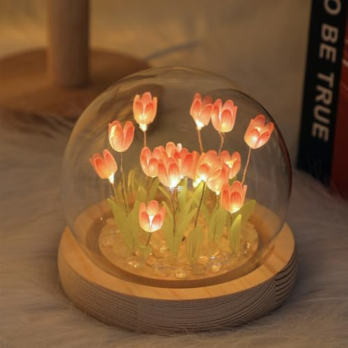 Tulip Night Light LED Decoration Cute & Unique Light up Artificial Flowers with Glass DIY Dome Valentine's Day Mother's Day Gift for Women Girlfriend Wife Mother,Battery Powered (Pink, 16 PCS)