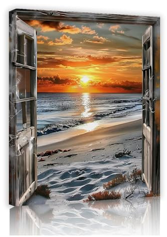 OSHIONARTE Küste Sonnenaufgang und Sonnenuntergang Landschaft Wanddekoration Vintage Meer Holzhaus Bild Wanddekoration für Wohnzimmer Büro Dekor 70x91cm Innenrahmen