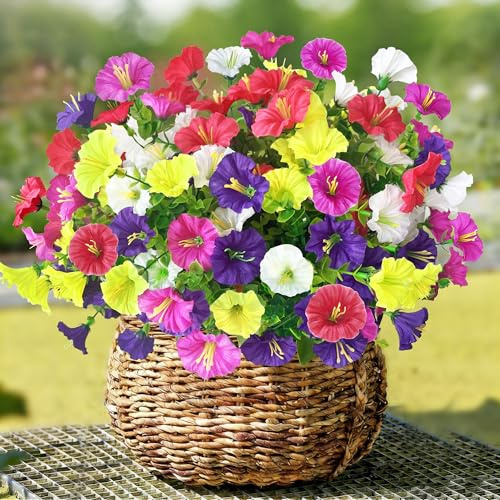TINA Künstliche Blumen 8 Bündel Kunstblumen wie echt Künstliche Balkonpflanzen Outdoor Wetterfest Petunie Seidenblumen Blumenstrauß UV-beständig Gefälschte Blumen für Balkonkasten Deko Innen Außen