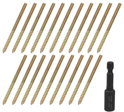 Jiozermi 20 Pcs 1/4-20 x 3-1/2 Hanger Bolts, Double Head Screws Self Drilling Wood Dowel Screws with Hanger Bolt Driver, Carbon Steel Fasteners for Stairs, Furniture, and DIY Projects