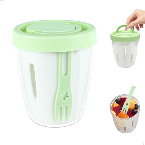 gexuamz Contenitore Macedonia, 500ml Porta Yogurt con Coperchi e Forchetta, Contenitori Frutta Verdura Ermetici, Riutilizzabili Portatile Portapane con Colino per Lavoro, Scuola, Campeggio