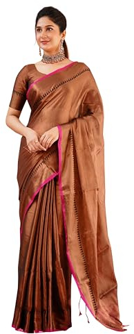TRENDMALLS Damen Sari aus reiner Seidenbaumwolle, handgewebt, südindischer Stil, mit nicht genähtem Blusenteil, Braun, Einheitsgröße