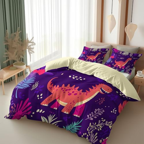 Srigzcaly Set di biancheria da letto con motivo a foglie di dinosauro, 200 x 200 cm, con chiusura lampo, colore giallo chiaro, per ragazzi e ragazze, in microfibra, con 2 federe da 80 x 80 cm