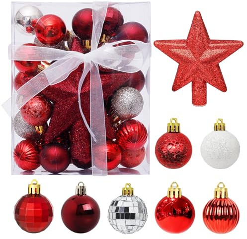 Omnikryp Boules de Noël, 29 Pièces Incassable Boule de Noël en Plastique, Scintillantes, Opaques, Brillantes, pour Decoration Sapin Extérieur ou Intérieure, Ø 3 cm, Rouge et Argent