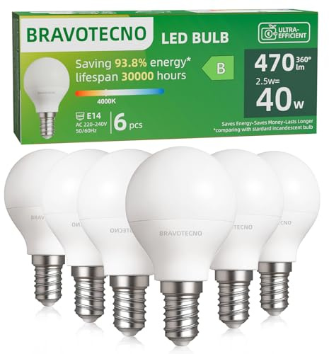 bravotecno Lampadine LED E14, Classe Energetica B, E14 LED Luce Naturale 4000K, 2,5W 470LM G45, Equivalente a 40W, Angolo di Illuminazione 360°, Non Dimmerabile, Basso Calore & Lunga Durata, 6 Pezzi