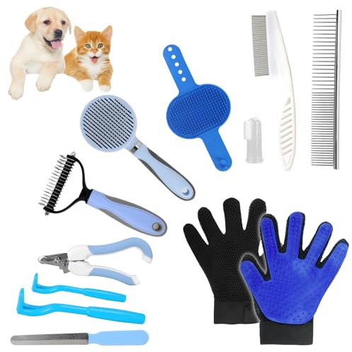 Hundebürste,12-Teiliges Haustierpflege Set -Hundebürste Unterwolle, Nagelknipser mit Feile, Flohkamm, Katzenkamm, Werkzeuge zur Haustierpflege