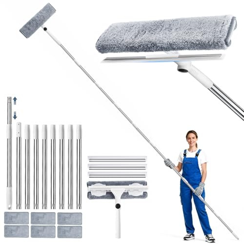 3,85m Lavavetri Telescopico,2 in 1 Kit Pulitore Vetri Finestre,Testa a 180°