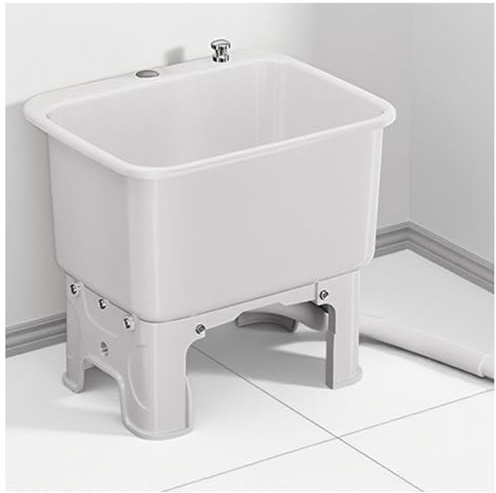 Large Capacity Plastic Floor Mop Sink with Drain Kit, Portable Utility Room Laundry Tub for Cleaning, Service Basin with Water Filling Bucket, Ideal Slop Sink