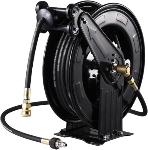 Automatic Retractable Pressure Washer Hose Reel, Heavy Duty Steel Construction for Water, Air, and Oil Applications