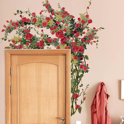 FUFUQUARE Pegatinas de Pared de Rosas Rojas Enredaderas Adhesivos Decorativos Flores 3D Vinilos Pared Grandes para Decoración de Salón Dormitorio Pasillo Puertas
