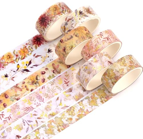 YUBX 6 rullar Washi Tape Set, maskeringstejp gyllene folietryck, dekorativ tejp, färgglad för gör-det-själv-hantverk, förskönar journaler, planerare, scrapbooking och förpackning (höstblad)