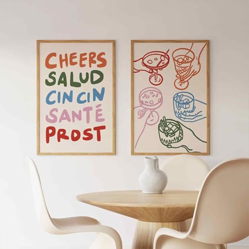 Xiyocadt 2er Poster Set,Wein Cocktail Küche Wandbilder Kunstdruck Bild,Bunte Prost,Vintage Bilder für Küche Wohnzimmer Deko Küche Aesthetic Deko,Ohne Rahmen (50x70cm)
