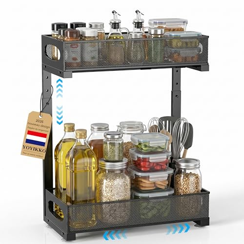 YOYIKKO Rangement sous Evier en métal, 2 Niveaux tiroir Coulissant Cuisine,Organisateur Cuisine avec Tiroirs Amovibles, Salle de Bain，Rangement Coulissant sous Évier,Réglable en Hauteur (Noir-62)