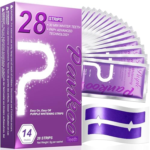 PankooTeeth Purple Teeth Whitening Strips 14 Treatments, Helps Remove Surface Stains - Coffee & Wine Stains, Supports Enamel Care, No Sensitivity, No Slip, 28 Strips,Teeth Whitening Gel