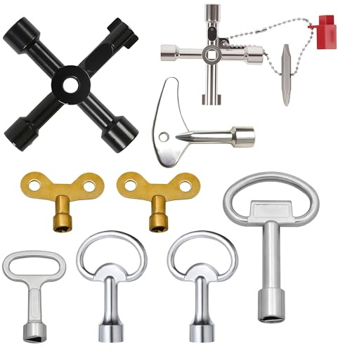 Zuuyye - Juego de 9 Llaves Universales para Grifos, Llave de Cuadrado y Cruz de Servicio 4 Vías con Triángulo y Punzón para Contadores de Agua/Luz, Calefacción, Cuadros Eléctricos