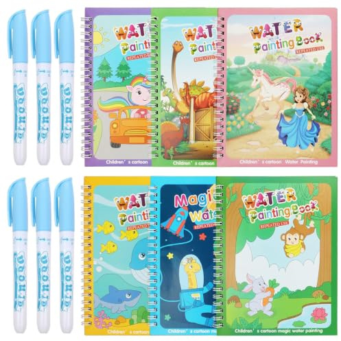 6 Pieces Magic Painting Water Colouring Books with 6 Water Pens | Mess Free Water Painting Books for Kids, Reusable Toddler Animal Drawing Colouring Book for 3 4 5 6 Children Educational