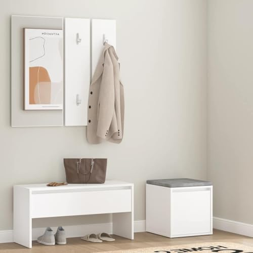 Ordellia Garderob-set vitt av trämaterial med spegel, hallbänk och lådlåda, sittkista och garderob för entré, förvaringsutrymme för skor och ordning