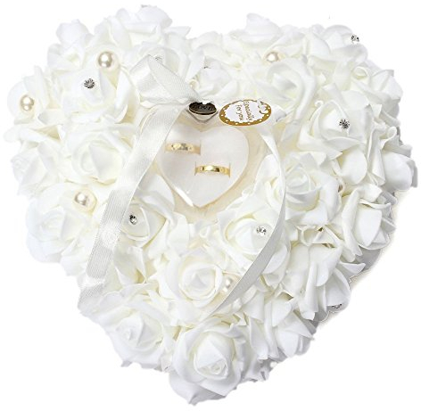 HONEYGIFTS Amor Present Cuscino per fedi nuziali, cuscino bianco per anelli in pizzo con rose e cuore, porta anelli