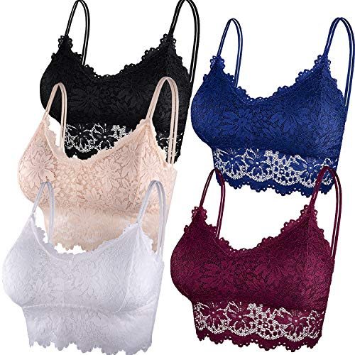 Duufin 5 Piezas Bralette Encaje Sujetador de Encaje Tipo Bralette para Mujer y Niña, 5 Colores (Negro, Beige, Blanco, Azul Marino y Burdeos, S-M)