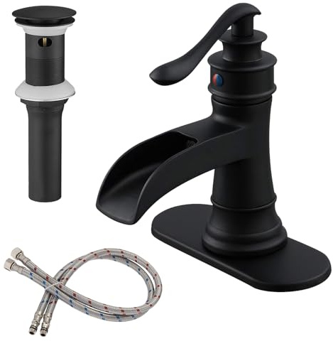 BWE Black Bathroom Sink Faucet 1 Hole, Single Handle Waterfall Faucet with Pop Up Drain and Water Hoses, Vanity Faucet for Home or Commercial Use, Brass Construction