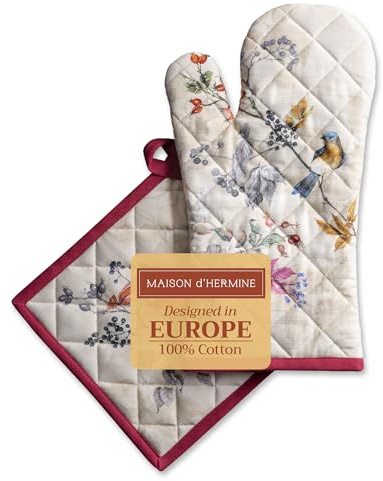 Maison d' Hermine Ofenhandschuh, Topflappen aus 100% Baumwolle, hitzebeständiger Ofenhandschuh(19cm x 33cm) & Topflappen(20cm x 20cm) für Koch, Mikrowelle, Equinoxe - Beige – Erntedankfest/Weihnachten
