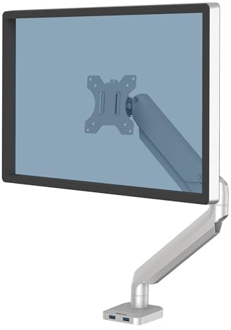 Fellowes Monitor Halterung für 1 Bildschirm bis 32 Zoll (81,28 cm) - Platinum Series Monitor Arm mit Gasfeder, USB Ports - Befestigung mit Klemme oder an Kabeldurchlass - Farbe: Silber