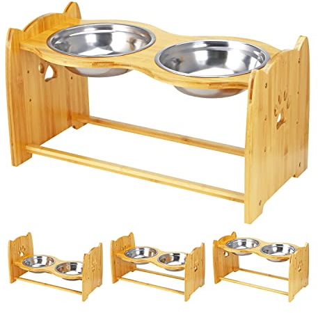 Taylor & Brown Large Raised Dog Bowls for Cats and Dogs - Bamboo Elevated Dog Cat Food and Water Bowls Stands Feeder Dishes with 2 Stainless Steel Bowls and Anti Slip Feet, 28.4cm high