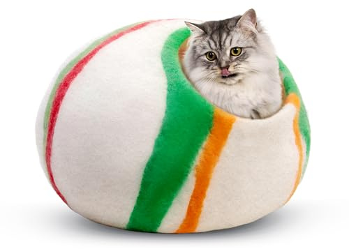 Katzenhöhle aus Wolle (mittel), handgefertigt aus 100% Merinowolle, umweltfreundliche Filz-Katzenhöhle für Indoor-Katzen und Kätzchen (Candy Swirl)
