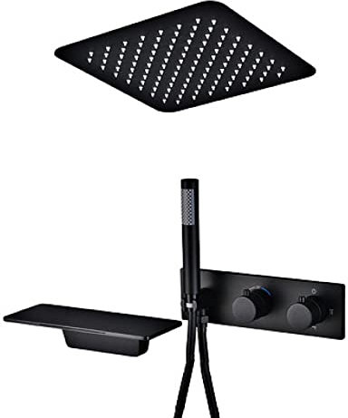 Ksunun Duschsystem Unterputz Duschset mit Thermostat Mischer Modernes Mattschwarz Regenduschset mit 30 cm Deckenmontage Kopfbrause und Handbrause Hochmoderne Air Injection Technology