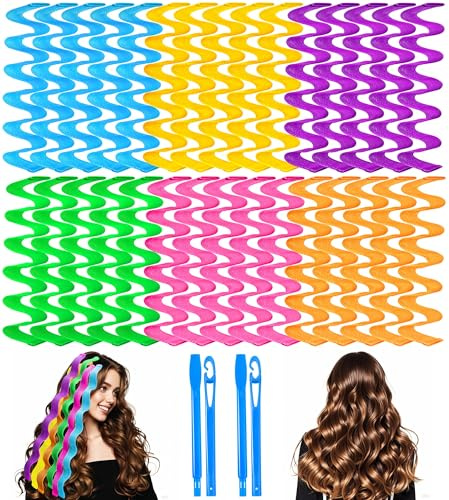 YEVYO 30 Pcs Heatless Hair Curlers Wave Curls Styling Kit with 2 Pcs Styling Hooks, No Heat Hair Curlers Heatless Wave Curlers for Women Girls Long Medium Short Hair (6 Colors, 55 cm/21.65 inch)