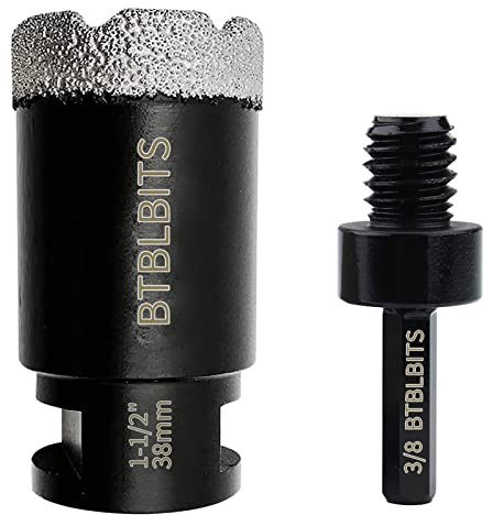 BTBLBITS Dry Diamond Core Drill Bit 1-1/2 Inch Tile Diamond Hole Saw for Angle Grinder Porcelain Ceramic Granite Marble Stone Brick Vacuum Brazed 38mm with 5/8-11 Thread Plus 3/8 Inch Hex Shank