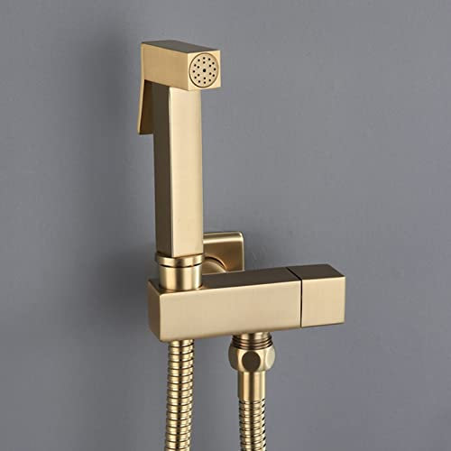 SWHC Bidet Handbrause Set, Messing Bidet Brause Wandhalterung Jet Spray Toilet Tragbarer Bidet ToilettensprüHer Toiletten Bidet Sprühkopf WC Sprühpistolendüse mit Anti-Rost-Schlauch,Brushed gold