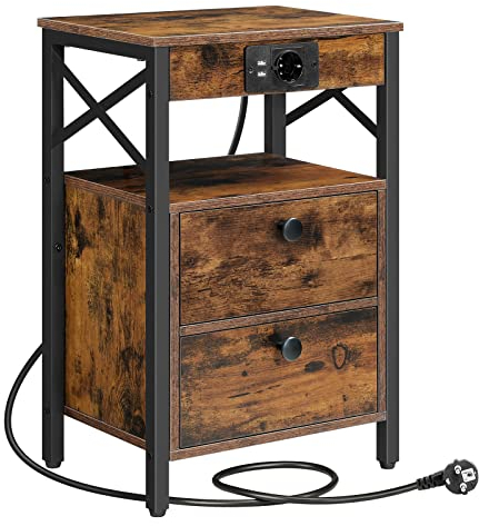 HOOBRO Nachttisch mit Ladestation, Beistelltisch mit 2 Klappschubladen, Nachtschrank mit USB-Anschlüsse und Steckdose, für Wohnzimmer, Schlafzimmer, Vintagebraun-Schwarz EBF138CBZ01
