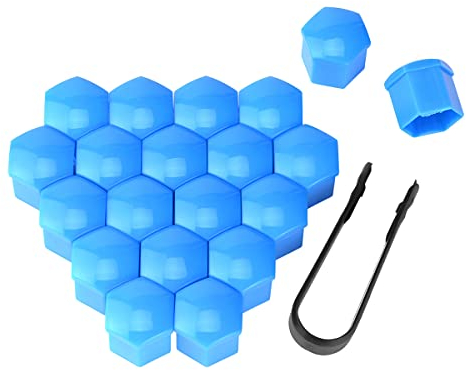 CGEAMDY 20 Pezzi 17mm Universale Tappo A Vite Ruota, Plastica Copri Dado Vite Copridado per Auto, Coperchio di Protezione del Dado Esagonale del Pneumatico con Strumento di Rimozione (Blu)