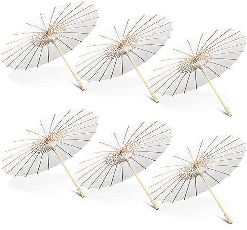 Sanwuta 8 Pcs 23.6 Inch Paper Parasol Umbrellas Chinese Japanese Handmade Oil Paper Sun Umbrella for Wedding Bridal Party Photo Props DIY Decor Garden Parties Tea Party Decorations(White)