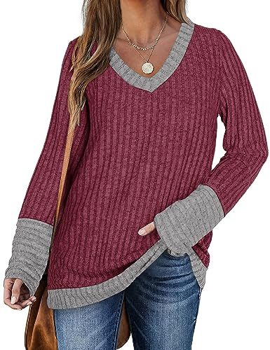 DUOEASE Pull Femme Elegant Col en V Décontracté Women Sweater Automne Chic Top(Épissage Rouge,XL)