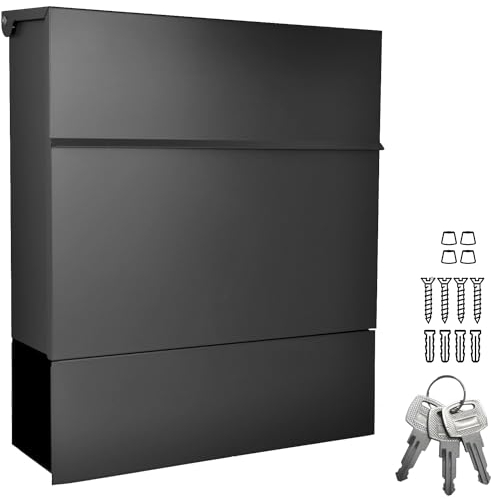 ALSTEN TECH Designer Briefkasten Wandbriefkasten Postkasten mit Zeitungsfach Schwarz Matt RAL 9017 A4/C4 geeignet