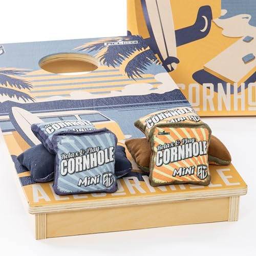 ALLCORNHOLE.COM Premium Mini Cornhole Board Set | 60 x 30 cm | 8 Mini-Cornhole Bags | inklusive Reiseetui (Cali Vibe)