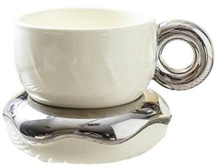 CAPIJIONG 230ml/7.5oz Creative Donut Electroplated Simple Ceramic Mug Home Office Afternoon Tea, Coffee Cup And Plate Set-Milky white