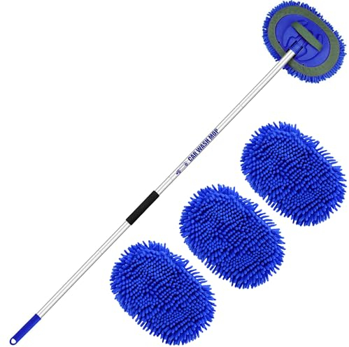 160cm 63 Spazzola Lavaggio Auto con Manico Telescopico Microfibra Spazzolone Pulizia Camion Kit Detailing Accessori Camper Car Vetri Prodotti Autolavaggio 2 In 1 Interni Wash Brush (3 Teste Ricambio)