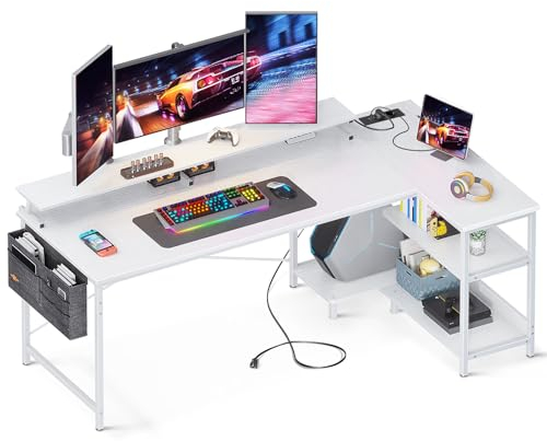 ODK Gaming Tisch L Form, 168x80cm Schreibtisch L Form mit Regal Reversibe, Eckschreibtisch mit USB-Ladeanschluss&Steckdose, Ecktisch mit Monitorständer für Büro, Heimbüro, Weiß