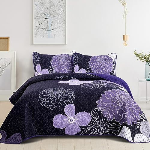 WONGS BEDDING Couvre-lit 220x240 Fleurs Violettes Jeté de lit Couverture d'été Douce Couverture Matelassée pour Lit Double Microfibre Couette avec 2 Taies d'oreiller 50x75
