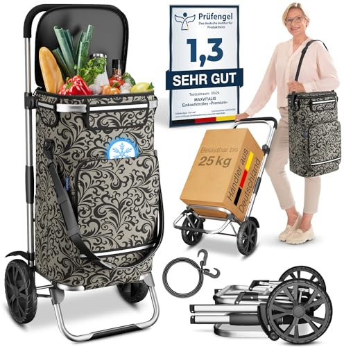ELONEO Einkaufstrolley klappbar, Einkaufswagen mit Kühlfach, 3in1 Trolley, Sackkarre & Umhängetasche, Einkaufsrollwagen, Shopping Trolley 43L Kapazität & Spanngurt, Hackenporsche Taupe