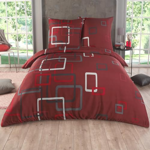 Kuscheli Bettwäsche 155x220 2 teilig - Mikrofaser Bettbezug 155x220 cm + Kissenbezug 80x80 cm - atmungsaktiver Stoff mit Reißverschluss - Einzelbett - modernes Design Rot