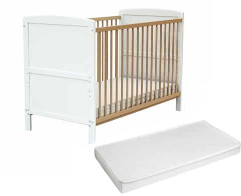 AT4 - BabyBett Holz mit Matratze 60x120 60x120 ESSENTIEL Weiß und lackierte Buche | 124 x 64 x 86,5 cm | Kinderbett | Bett umbaubar zum Juniorbett |Umbaubares Gitterbett