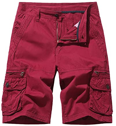 Pantaloni da uomo, bermuda estivi, vestibilità normale, con bottoni, per il tempo libero, con tasche, bermuda da uomo, comodi e funzionali, Colore: rosso, M